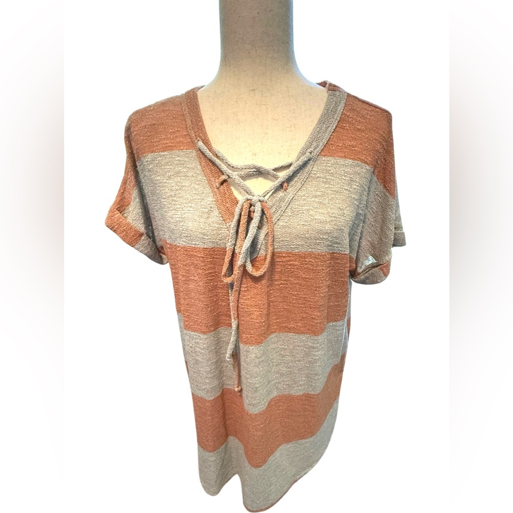 Women’s Crisscross V-Neck Striped Top w/Rolled-Up Sleeves & Drawstring Ties